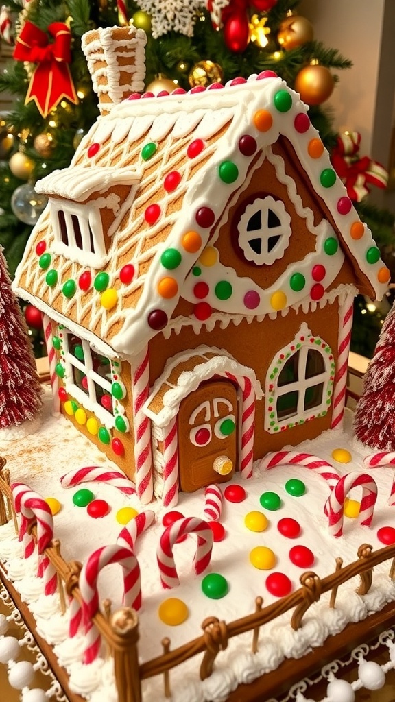 Festive Christmas Cookie House Recipe A festive gingerbread house adorned with icing and candies, showcasing a winter wonderland theme.